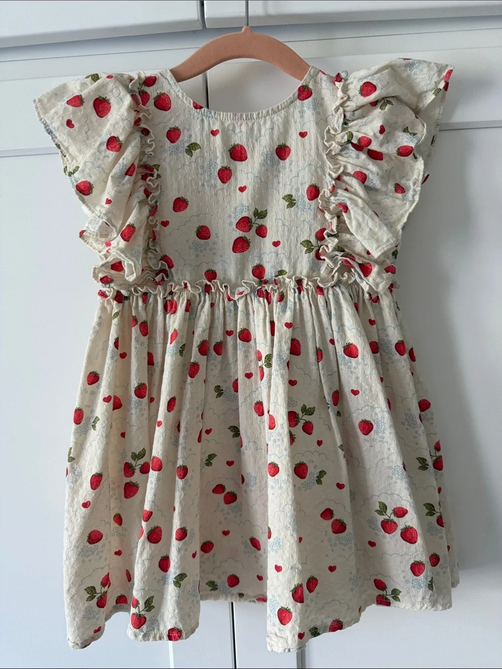 Konges Slojd Girls Cream Strawberry Print Ruffle Dress with Bow in the Back 2Y